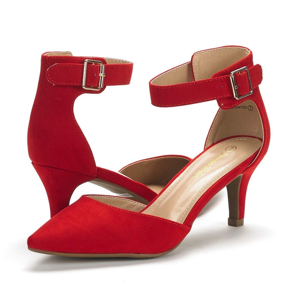 Ankle Strap Low Heel Dress Pumps - RED SUEDE - 5